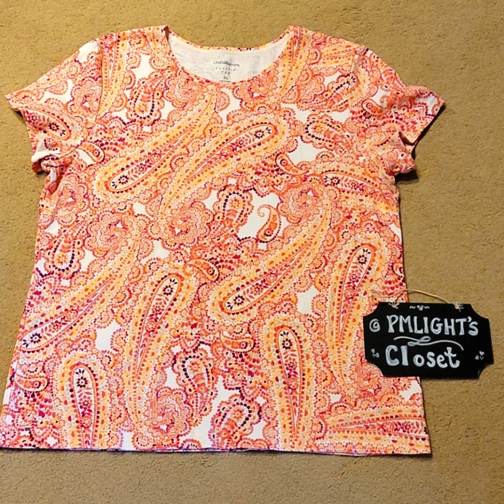 Croft & Barrow XL Classic Tee Short Sleeve Paisley Pink Peach Tan White